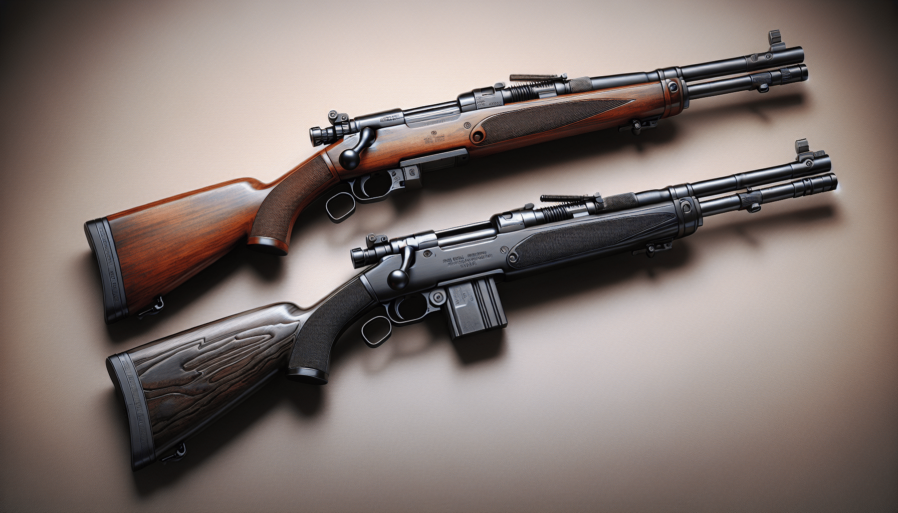 A highly detailed and hyper-realistic image depicting two unbranded bolt-action rifles side by side. The first rifle on the left features a polished wooden stock and blued-black barrel. The second rifle on the right showcases synthetic stock in black color and a stainless steel barrel. The different details like the bolts, sights, and trigger mechanisms of both rifles should be well defined. Both rifles are placed on an neutral-colored table against a plain background. There are no brand names, logos, or people in sight. Neither rifle has text on it.
