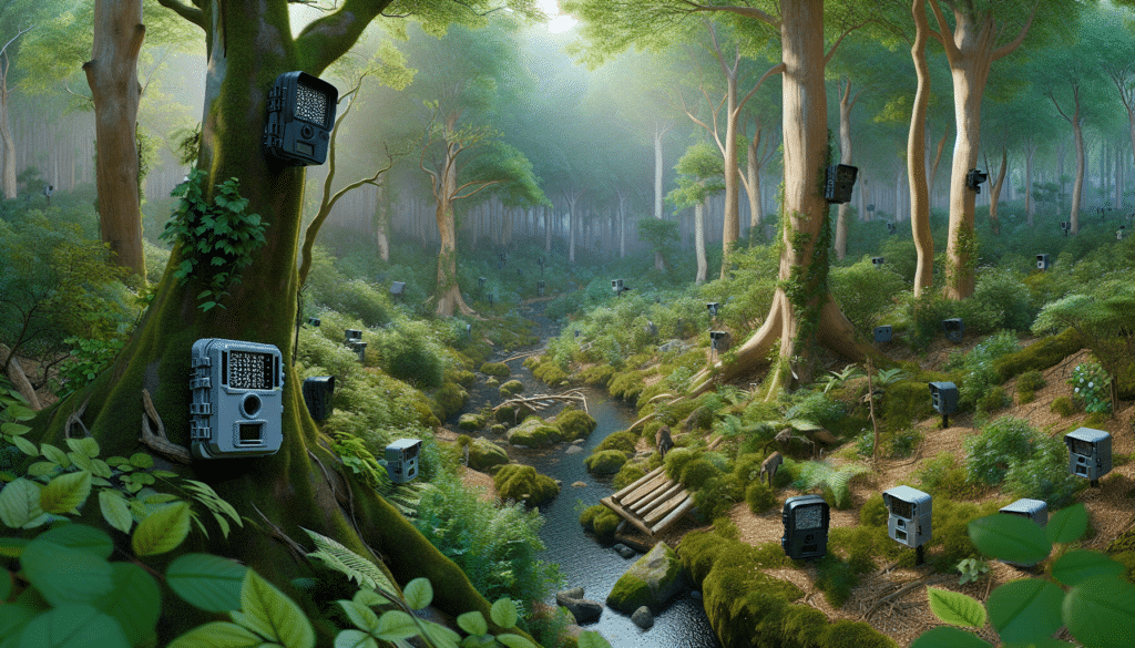 A hyper-realistic, text-free, and people-free image illustrating the concept of trail cameras spread across a vast 100-acre woodland. The scene reveals various trail cameras, precisely hidden in various landscapes such as trees, bushes, and rocks within the woodland. The woodland is depicted with great detail; lush vegetation, a canopy of leaves with dappled sunlight coming through, a meandering stream. No brand logos or names are visible; all trail cameras blend well with the environment maintaining the natural aesthetics.