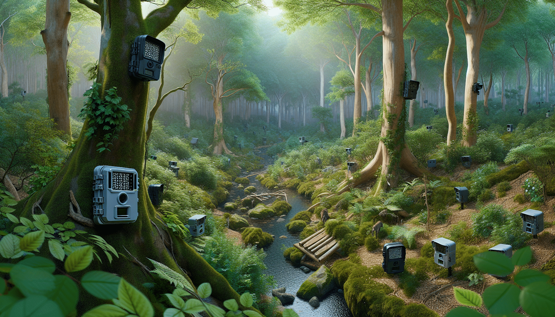 A hyper-realistic, text-free, and people-free image illustrating the concept of trail cameras spread across a vast 100-acre woodland. The scene reveals various trail cameras, precisely hidden in various landscapes such as trees, bushes, and rocks within the woodland. The woodland is depicted with great detail; lush vegetation, a canopy of leaves with dappled sunlight coming through, a meandering stream. No brand logos or names are visible; all trail cameras blend well with the environment maintaining the natural aesthetics.