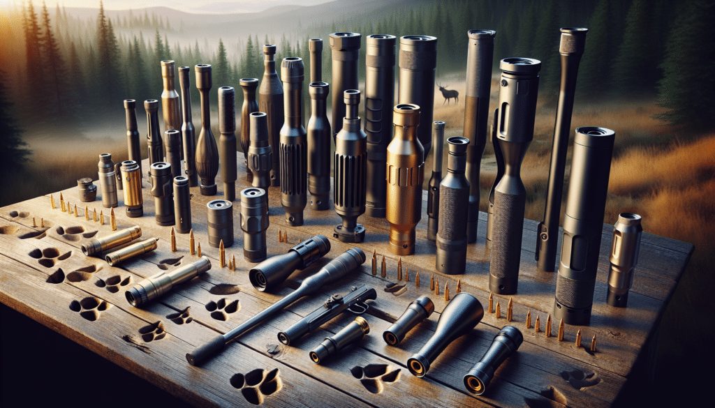 A hyper-realistic image of an array of suppressor silencing devices typically used for deer hunting. The presentation should encompass the diversity in the sizes, materials, and designs of these different suppressors. They are delicately arranged on a wooden table in a rustic outdoors setting, likely near a forest at dawn or dusk, signifying their utility in hunting. Around them, gently scattered, are deer hoof prints on the table surface as symbolism. Remember, the image must exclude any form of text, brand names, logos, and human figures.