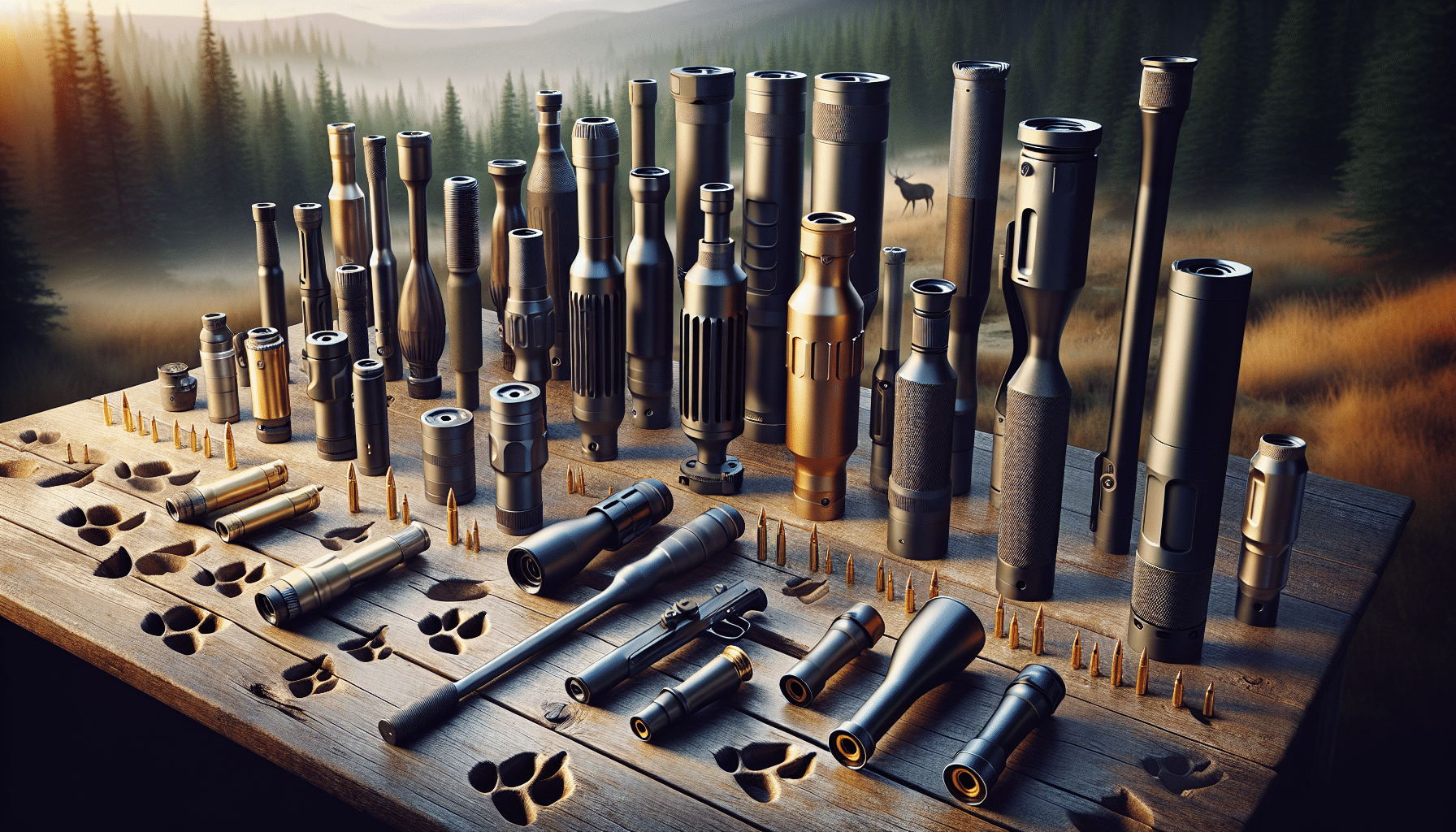 A hyper-realistic image of an array of suppressor silencing devices typically used for deer hunting. The presentation should encompass the diversity in the sizes, materials, and designs of these different suppressors. They are delicately arranged on a wooden table in a rustic outdoors setting, likely near a forest at dawn or dusk, signifying their utility in hunting. Around them, gently scattered, are deer hoof prints on the table surface as symbolism. Remember, the image must exclude any form of text, brand names, logos, and human figures.