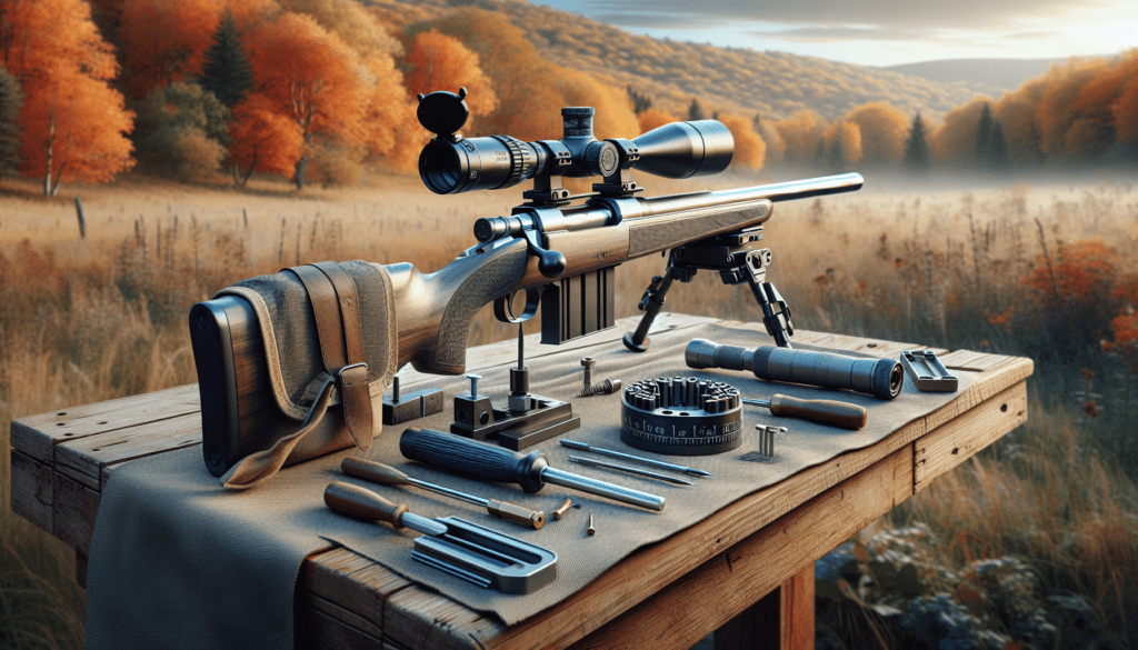Create an ultra-realistic image that showcases the process of sighting in a rifle for deer season. The image should include a rifle on a shooting bench, positioned against a natural backdrop of autumn forest or open field, suggesting deer season. The rifle is equipped with a scope, and resting on a gun rest for precision. Nearby should be a set of tools suggestive of the sighting process: a boresighter, screwdriver, possibly a wind flag to gauge the environment. However, ensure there are no people, text, brand names, or logos visible in the image.