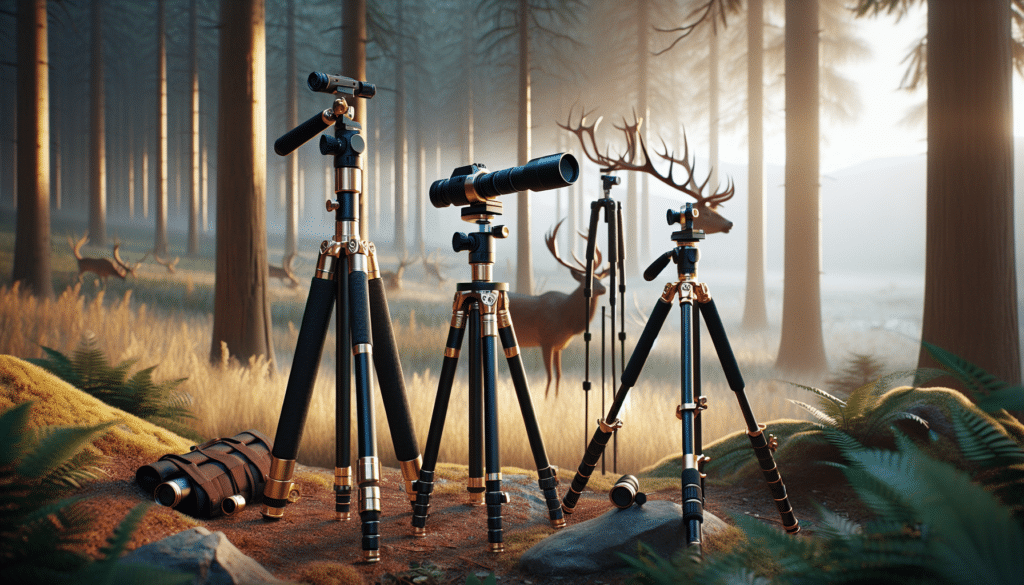 Create a hyper-realistic image featuring various types of shooting sticks used for deer hunting arranged elegantly. Display different designs from a classic monopod, a sturdy bipod, and a highly stable tripod. Each should be embedded into the ground on a forest terrain, showing their practical use in a natural hunting environment. The scenery should highlight the tranquility of the forest, bathed in the soft light of dawn, which is often the time when hunters set up their equipment. The shooting sticks should be made of high-quality materials like polished wood or metal, without any distinct branding or recognizable logos.
