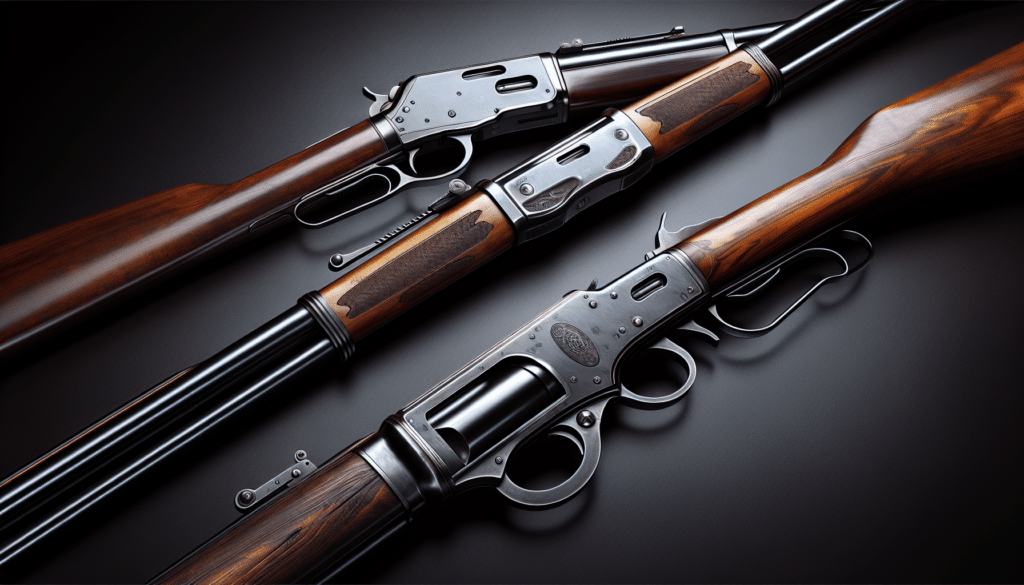 A hyper-realistic, detailed image showing two vintage lever-action rifles side by side for comparison. On the left, a classic hunting rifle with a wooden stock and blued steel barrel, the style iconic for 19th century American West, without any brand's embossing or logo. On the right, another elegant lever-action rifle with a sleek, polished metal finish and rich, dark wooden components, without any brand specific markers. No humans, text or brand names included in the image.