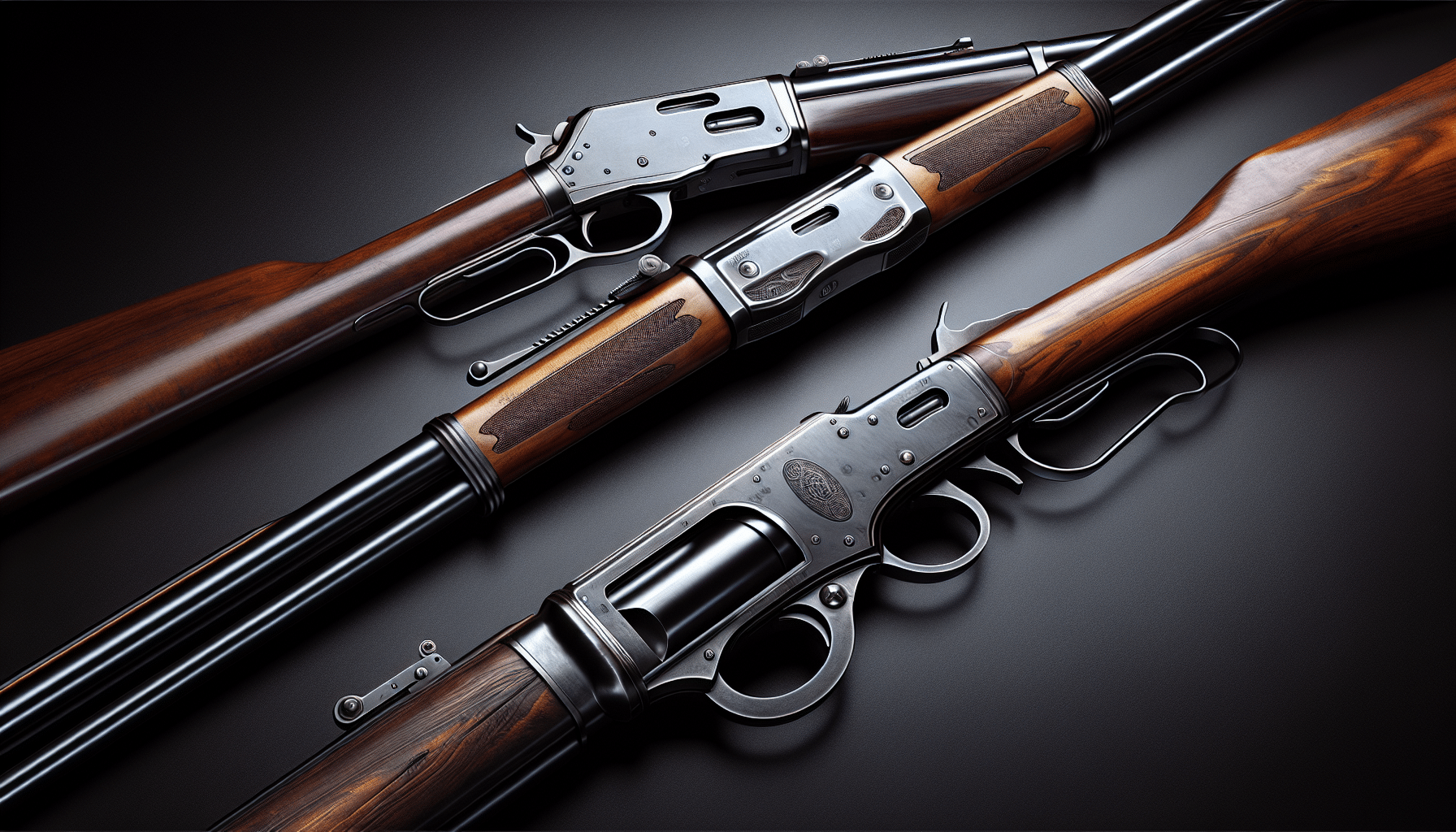 A hyper-realistic, detailed image showing two vintage lever-action rifles side by side for comparison. On the left, a classic hunting rifle with a wooden stock and blued steel barrel, the style iconic for 19th century American West, without any brand's embossing or logo. On the right, another elegant lever-action rifle with a sleek, polished metal finish and rich, dark wooden components, without any brand specific markers. No humans, text or brand names included in the image.
