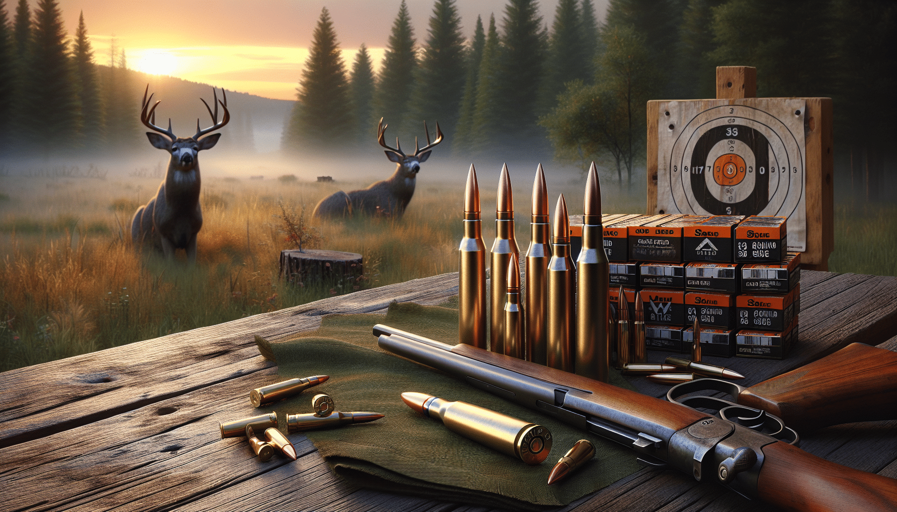 A hyper-realistic detail-oriented depiction of a selection of hunting ammo ideal for 308 rifles, placed on a rustic wooden table. The table sits outdoors, surrounded by the serene wilderness with tall trees and a vibrant sunrise. Also, incorporate subtle signs of a recent successful deer hunt, like a wooden deer target with a bulls-eye mark in the distance, through a misty morning fog. Remember, no people, logos, brand names, or additional text must be included in any form within the image.