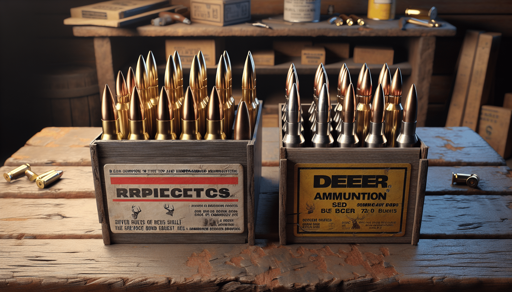 Create a hyper-realistic image showcasing a side-by-side comparison of two generic and unbranded boxes of deer ammunition, where each box is similar to the types produced by renowned ammunition manufacturers, without displaying any text, logos, or people. It's a close-up shot, with each box presented on an aged, rough wooden table. The left box contains shiny, brass-colored rounds with pointed tips, while the right box houses silver-shelled ammunition with dome-shaped tips. Both boxes are slightly open allowing for the view of the distinct bullets. The setting is a rustic cabin environment, with hunting related objects in the background.