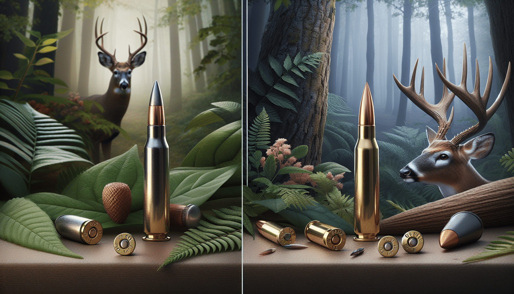 Craft a hyper-realistic image that subtly communicates the topic of soft point versus ballistic tip bullets for deer hunting. Showcase two different types of hunting bullets suitable for deer. On the left side place a round nosed soft point bullet, whilst on the right, a pointed ballistic tip bullet, both in exacting detail against a leafy woodland backdrop. Note the distinctions in their designs without including any recognizable brand names or logos, focusing solely on their distinctive features. Notably, omit all text and any human presence from the image.