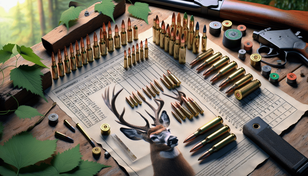 A detailed and hyper-realistic image demonstrating the concept of selecting the appropriate bullet weight for deer hunting. The key elements should include a variety of ammunition in different weights and sizes, some laid out next to a size reference such as a ruler. There should also be a deer figure in the background to contextualize the subject. The setting should be outdoors, in a non-descript natural environment - perhaps a forest, which is a common setting for deer hunting. No people, text, brand names or logos to be included in this image.