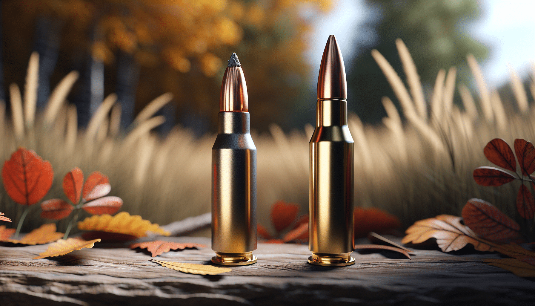 Hyperrealistic image of two types of generic hunting ammunition side by side without any visible text or brand markings. The ammo for deer on the left side is represented as a conventional soft point bullet, with a lead-tipped point exposed from its copper jacket. The bullet on the right side portrays a more modern design, shown as a sleek bullet with a hardened point. The scene is set outdoors, with natural elements in the background like deciduous trees, fall grasses, perhaps a hint of a deer in the deep background amongst the foliage.