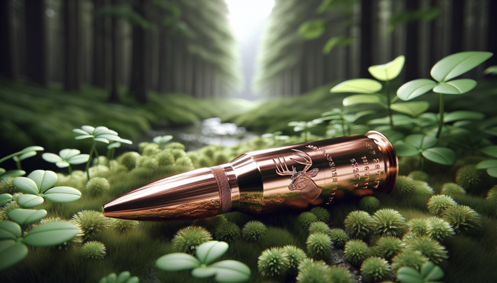 A hyper-realistic illustration of a top quality copper bullet, designed specifically for deer hunting. The bullet is resting amid the lush green foliage of a forest floor. The muted reflection of the surrounding wilderness on the perfectly polished, smooth surface of the bullet. Subtle, intricate engravings and markings on the bullet detail its specialty. In the background, glimpses of the forest's depth and density provides context, while the soft, diffused sunlight piercing from the thick canopy lends an enchanting ambiance. The bullet stands as a symbol of craftsmanship without showing any brand logos or identifiers.
