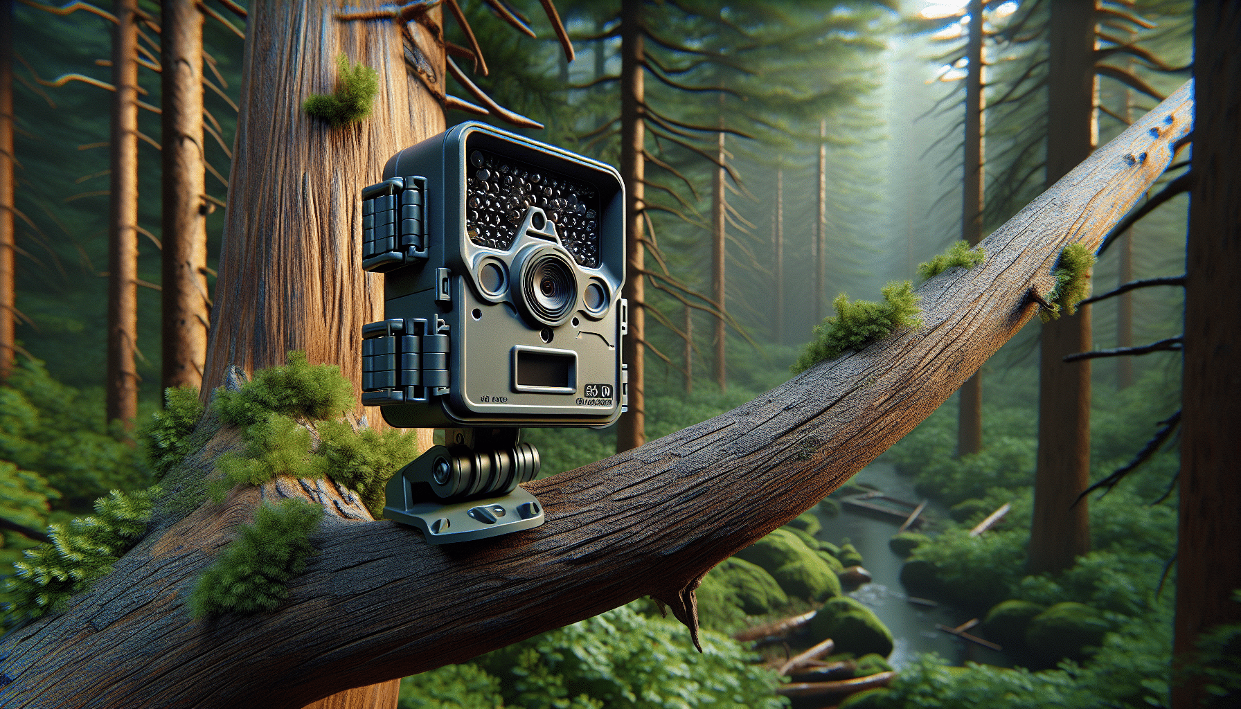 Hyper-realistic depiction of a trail camera perched on a rugged tree branch in a serene forest environment. The camera should look compact yet sturdy, indicating its budget-friendly nature. It is designed for wildlife monitoring under $50, without any people or brand names present in the scene. Capture the sense of durability, reliability, and simplicity that makes this camera desirable for its price. The lighting should interact with the camera and the forest surroundings to add depth and complexity to the scene, shedding a softer yet significant light on the 'budget' trail camera.