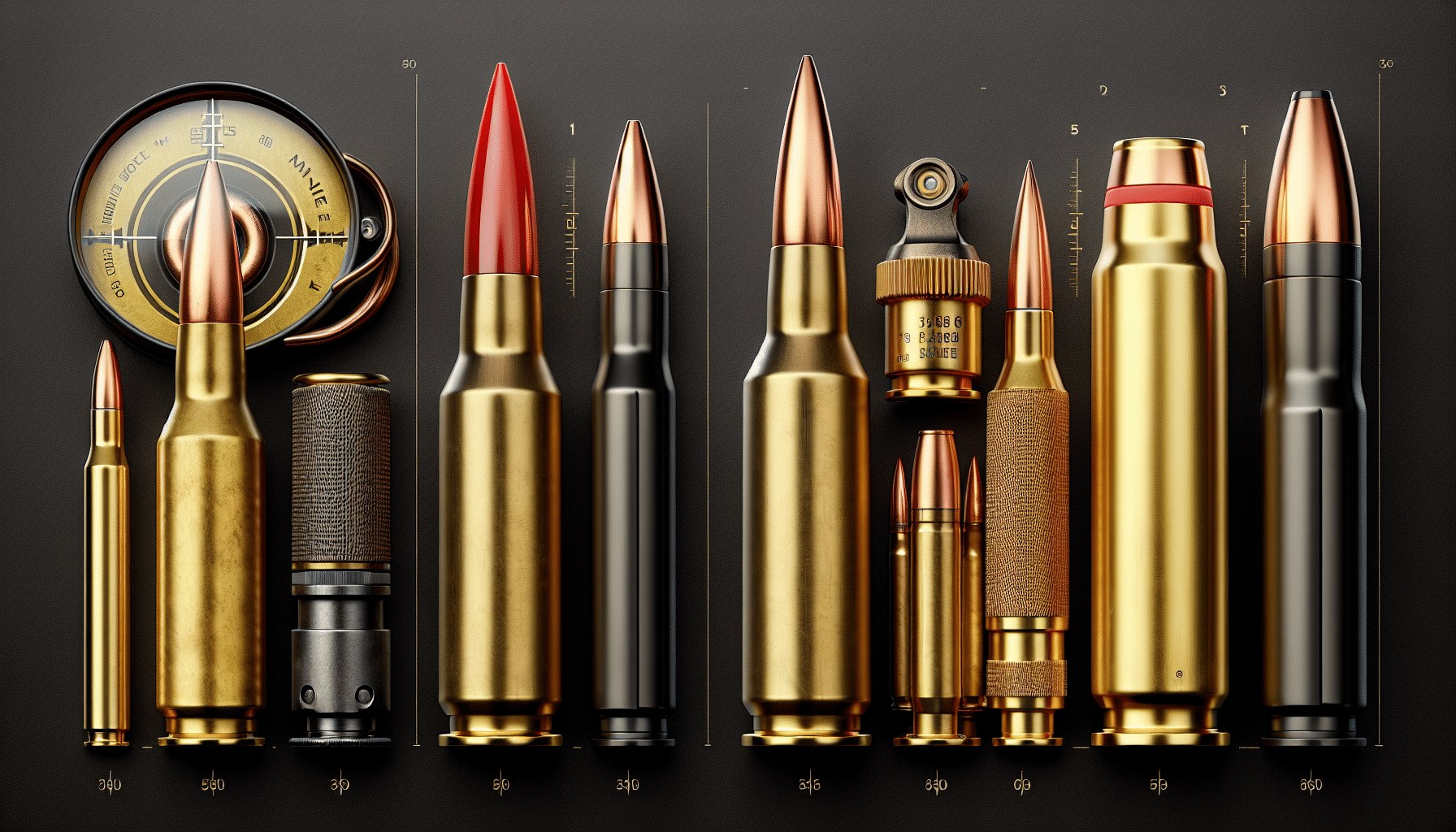 Imagine a hyperrealistic illustration of robust hunting ammunition pieces, positioned for comparison. On one side, visualize a typical rifle cartridge with copper-plated lead core, vacuum sealing, and nickel-plated brass casing. On the other side, picture a modern rifle round with a conical bullet featuring a red plastic tip for optimal aerodynamic performance, and sturdy brass case. In the center, show a neutral zone with a magnifying glass focusing on their respective tips, illustrating the difference in performance. No human figures, branding, text, or logos are included.