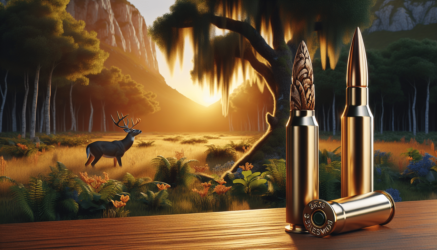 A hyper-realistic depiction of a serene forest environment is seen under the golden rays of sunset. A whitetail deer can be seen grazing near a tree while a 6.5 Creedmoor cartridge is beautifully illustrated in the foreground. The design and detailed elements of the ammunition hint at its best fit for hunting whitetail deer. The image does not contain any text, brand names, logos, or people. It concentrates on illustrating the concept using natural environmental elements and meticulously sculpted ammunition.
