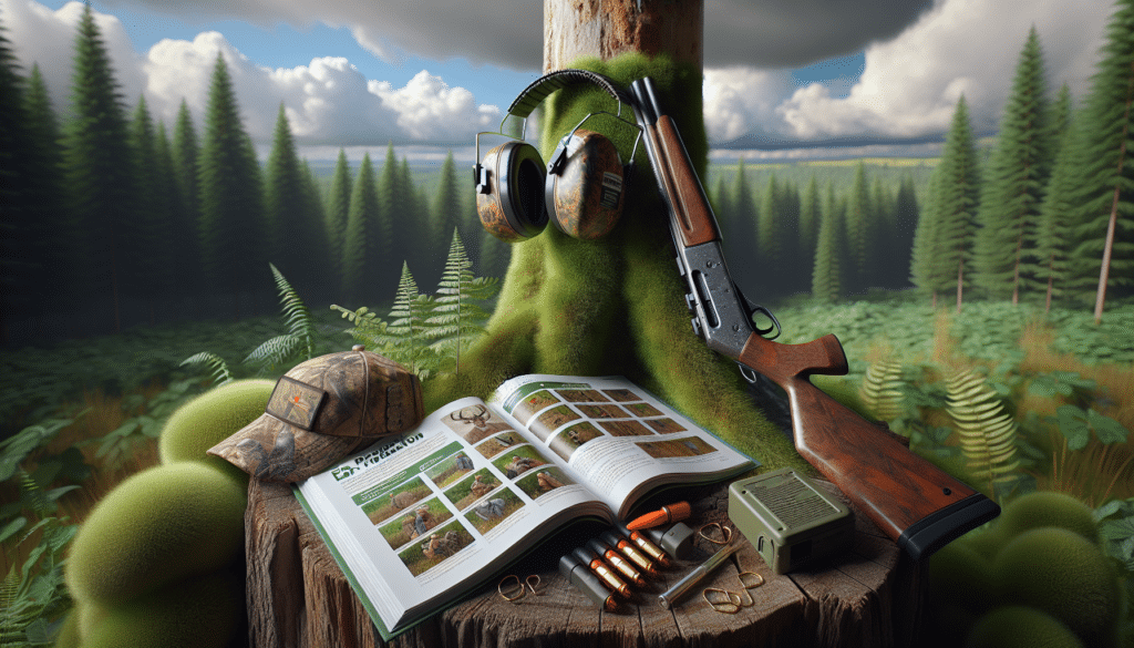 A hyper-realistic image representing the concept of ear protection for young hunters without illustrating any human figures. The scene features a lush green forest under a clear sky. Prominently placed in the foreground are a pair of noise-cancelling ear muffs in camouflage print sitting on a tree stump next to an unloaded hunting rifle. Beside the tree stump, there's a safety field guide book kept open displaying illustrations of various safety gears with the page on ear protection clearly visible. Note that the image contains no explicit text, brands, logos, or people.