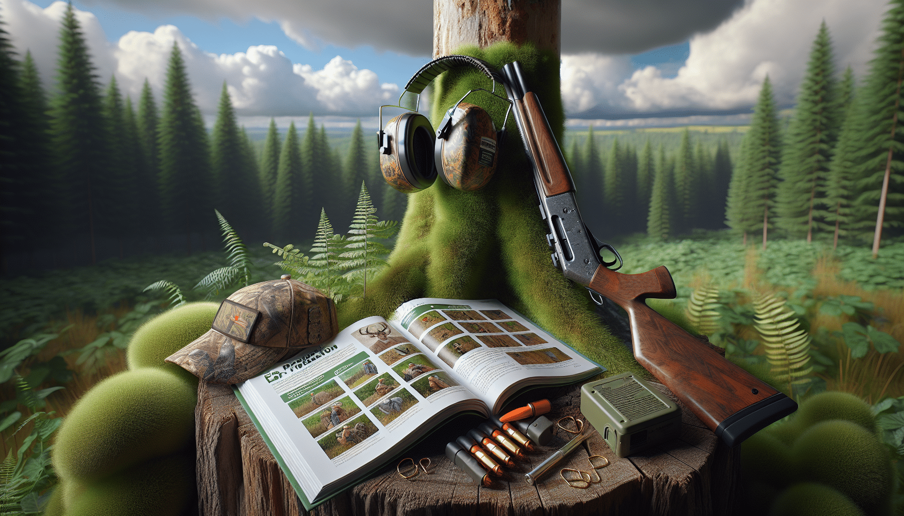 A hyper-realistic image representing the concept of ear protection for young hunters without illustrating any human figures. The scene features a lush green forest under a clear sky. Prominently placed in the foreground are a pair of noise-cancelling ear muffs in camouflage print sitting on a tree stump next to an unloaded hunting rifle. Beside the tree stump, there's a safety field guide book kept open displaying illustrations of various safety gears with the page on ear protection clearly visible. Note that the image contains no explicit text, brands, logos, or people.