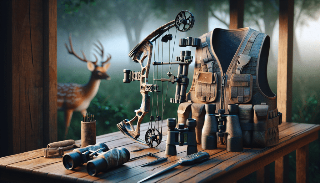 An intricately detailed and hyper-realistic image of a set of hunting gear suitable for a young person. It includes a scaled-down compound bow, a safety vest, binoculars, and a rangefinder placed neatly on a wooden table in an outdoor setting. Soft morning light filters through nearby trees, highlighting details on each item. There are no visible logos, brand names, or text on the items. Within the background, the gentle rustling of a deer can be seen, unthreatened and at a safe distance, showcasing the peace of the wild without explicit depiction of hunting.