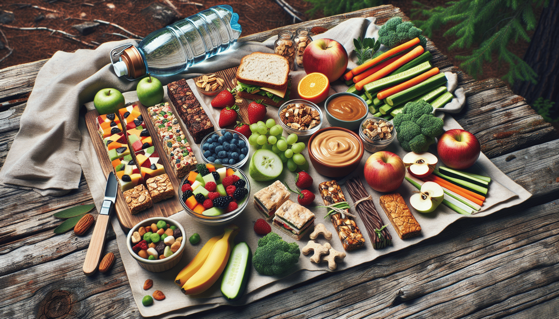 Generate a hyper-realistic image showcasing a variety of healthy snacks recommended for children on extended outdoor adventures. No logos or brand names should be visible or mentioned. Envisage a layout on a rustic wooden table in a forest setting. Include a colorful variety of fruits, homemade granola bars, trail mix, mini sandwiches, and vegetable sticks with hummus. Important elements such as hydration, highlight a reusable water bottle brimming with cool water. The chosen snacks represent a balance of energy-giving and hydration needs, making them perfect for endurance activities such as hunting. The arrangement should be aesthetically pleasing, inviting, and kid-friendly, but no human figures are to be included.