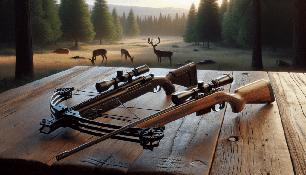 A hyperrealistic rendering of a youth-sized crossbow and youth-sized hunting rifle, both unbranded, set side by side on a rustic wooden table. They are set against the backdrop of a serene forest during the day, with a distant deer quietly grazing in an open area, to signify deer hunting. Ensure there is a clear distinction between the two types of weapons, with each showcasing its unique features.