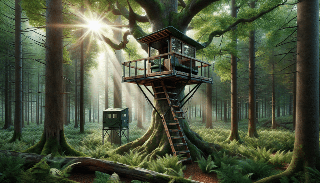 A super realistic image of a robust and secure tree stand nestled within the thick branches of an old, tall tree in a dense forest. The stand has safety features such as a high railing and cushioned seats. Below it, a ground blind with the perfect vantage point and safety measures, suitable for a child. The woodland scenery is bright and inviting with rays of afternoon sunlight filtering through the foliage, casting dappled shadows on the forest floor. There is an abundance of wildlife showcasing a serene environment that is ideal for hunting. The image contains no humans or text.