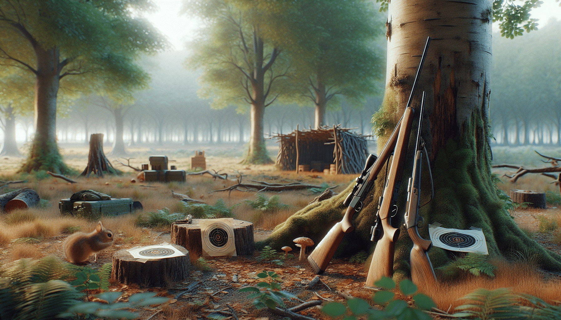 A hyper-realistic image depicting a serene outdoor scene. In the forefront, a set of freshly used targets shows evidence of a recent shooting practice. Nearby, a couple of small, safe, hunting rifles are placed carefully against a tree stump. A short distance away, a makeshift shelter from branches and leaves suggests a camping trip as part of this hunting exercise. Wildlife in the form of small critters such as squirrels and birds dot the trees and ground, going about their day unaffected. Soft light filters through the tree leaves, casting soothing shadows on the clearing.