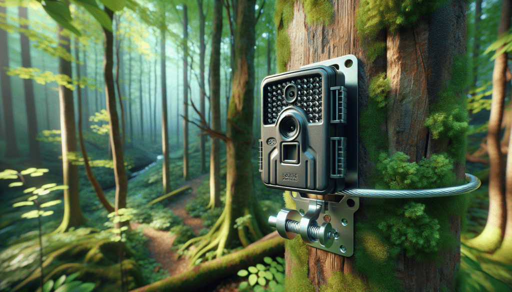 Create a hyper-realistic image showcasing a trail camera attached to a tree in a dense forest. The camera is secured with a sturdy, metal cable lock that is firmly locked to prevent theft. The focus on the camera's strength and anti-theft design is key. No human figures or brand identifiers are present in the scene. Surrounded by soft, dappled light filtering through the canopy, the forest environment is vibrant and full of detail, showcasing various hues of green, rich earthy tones, and nature's intricate textures.