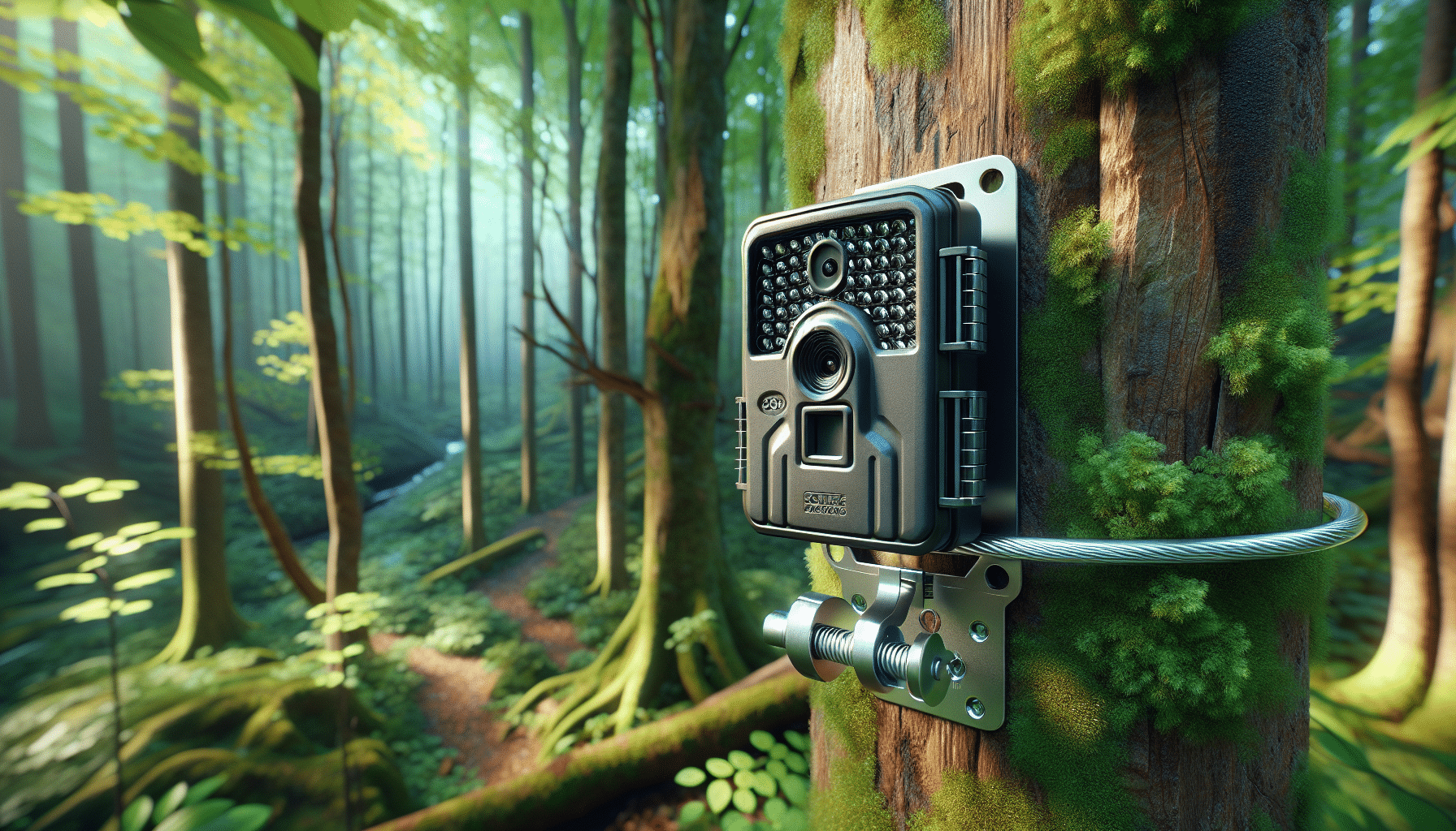 Create a hyper-realistic image showcasing a trail camera attached to a tree in a dense forest. The camera is secured with a sturdy, metal cable lock that is firmly locked to prevent theft. The focus on the camera's strength and anti-theft design is key. No human figures or brand identifiers are present in the scene. Surrounded by soft, dappled light filtering through the canopy, the forest environment is vibrant and full of detail, showcasing various hues of green, rich earthy tones, and nature's intricate textures.