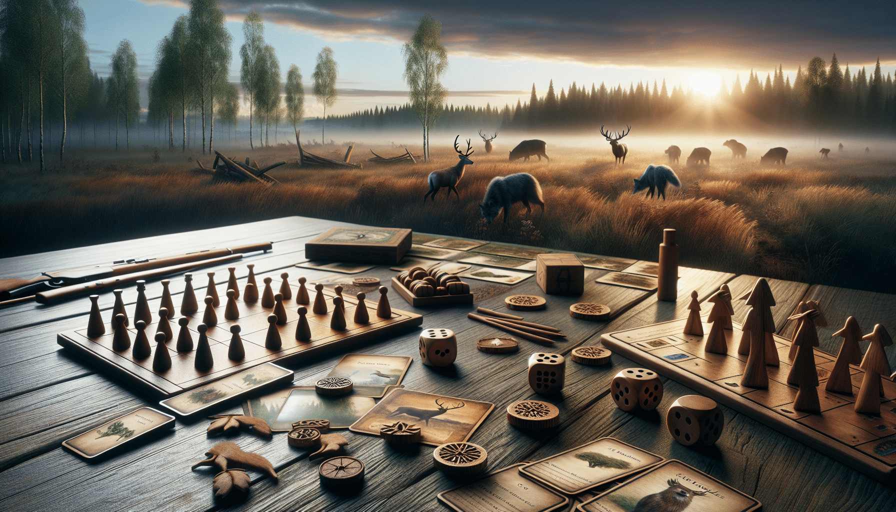 Hyper-realistic depiction of a rural landscape at dawn with detailed grass, trees under a slightly cloudy sky. In the foreground, there are several board games spread on a rustic wooden table. The games involve elements related to hunting, such as wooden pawns shaped like deer and wolves, and tokens representing traps and tracks. There are dice made of carved wood and cards with hand-drawn illustrations of forest animals. None of the games' components or the background scenes contain any text or brand logos.
