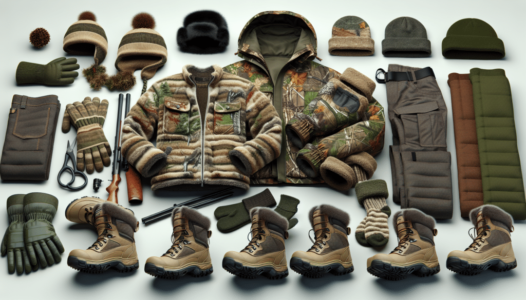 Generate a hyper-realistic image of various pieces of cold weather hunting attire suitable for a child. The items should be spread out, showcasing their utility and function: a camouflage patterned insulated jacket, waterproof pants, thick woolen socks, and a pair of sturdy, insulating boots. Add a hat with ear coverings and a pair of gloves suitable for chilly conditions. The materials used should convey warmth and durability, and the colors should blend in with a winter forest environment. The image should be devoid of any humans, text, brand names, or logos.