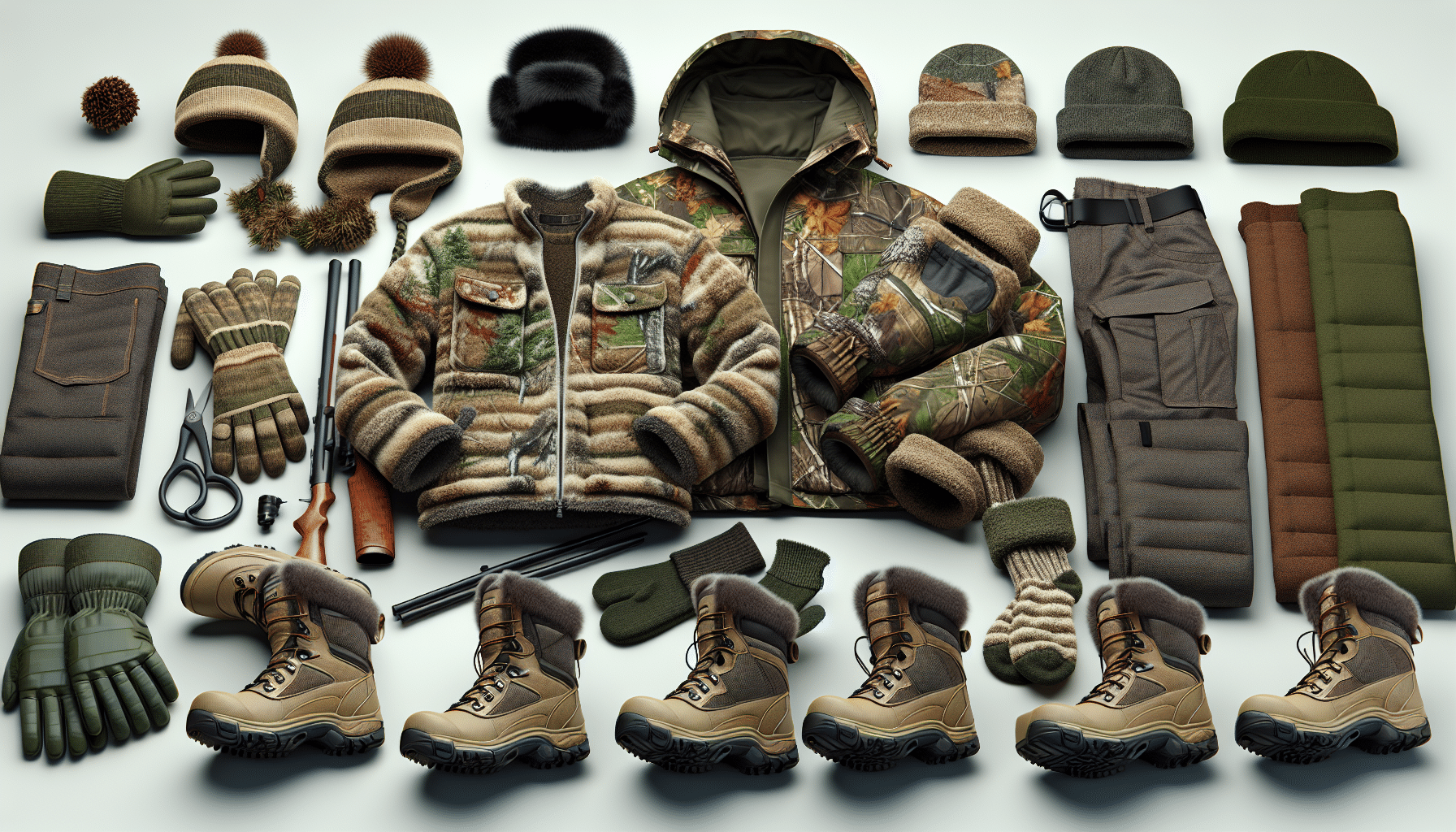 Generate a hyper-realistic image of various pieces of cold weather hunting attire suitable for a child. The items should be spread out, showcasing their utility and function: a camouflage patterned insulated jacket, waterproof pants, thick woolen socks, and a pair of sturdy, insulating boots. Add a hat with ear coverings and a pair of gloves suitable for chilly conditions. The materials used should convey warmth and durability, and the colors should blend in with a winter forest environment. The image should be devoid of any humans, text, brand names, or logos.