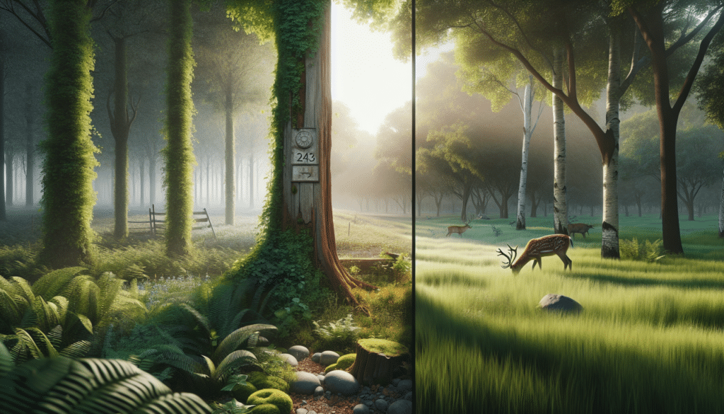 A highly realistic image depicting a pair of contrasting environments. On one side, create an overgrown forest scenery bathed in soft morning light. The picture from the foliage is focused on a deer in its natural habitat; a few age rings in the tree trunks to signify the '243' detail. On the other side, depict a verdant and expansive grassland where a deer grazes peacefully; delicately incorporate elements signifying the '6.5 Creedmoor', possibly in the form of smooth pebbles or subtle cloud shapes. Both scenes should reflect tranquil, deer-friendly environments, emphasizing the contrast but also the harmony. No humans, text, or brand logos should be present.