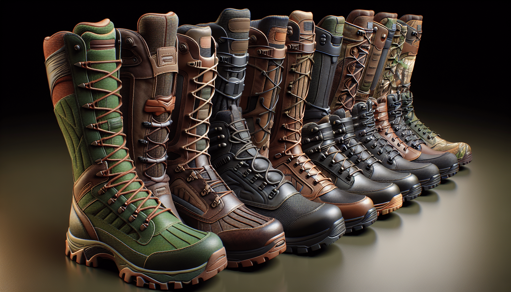An array of hunting boots designed for women, organized neatly in a line. Each pair varies in design, offering different features such as high shafts, waterproof material, insulation, and varied tread patterns for grip. The boots come in earthy colors, such as forest green, rich brown, and charcoal black. All pairs seem well-fit and comfortable, with amble toe room and supportive heel structures. The image is depicted in an hyper-realistic style with life-like textures, lighting and shadows.