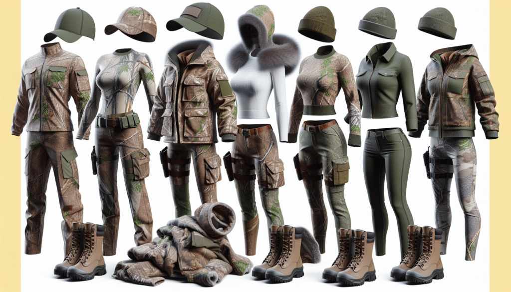 Generate a hyper-realistic image of various hunting clothes specifically designed for women. Display an array of items including a camouflage jacket, pants, boots, and a warm hat, all cut to fit a woman's figure. The clothes should look durable, ready for outdoor adventures, and suited for camouflaging in different natural environments. Please ensure no humans, text, or brand logos are present in the image.