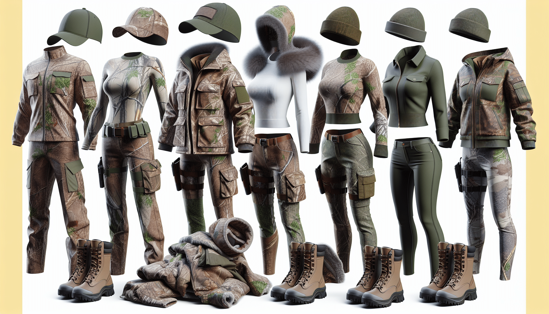 Generate a hyper-realistic image of various hunting clothes specifically designed for women. Display an array of items including a camouflage jacket, pants, boots, and a warm hat, all cut to fit a woman's figure. The clothes should look durable, ready for outdoor adventures, and suited for camouflaging in different natural environments. Please ensure no humans, text, or brand logos are present in the image.
