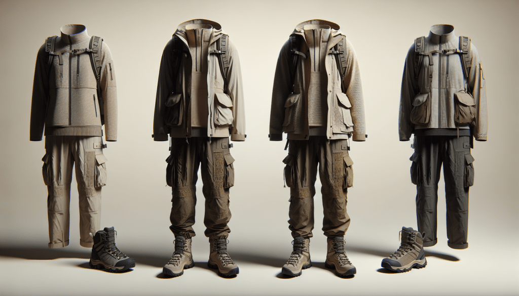 Generate a hyper-realistic image depicting two sets of anonymous outdoor gear for women on a neutral background. The first set is fashioned in light, airy colors hinting at utility and simplicity. It includes a jacket, pants, and hiking boots. The second set is designed in darker, earthy shades suggesting adaptability and robustness. It contains a hooded jacket, cargo pants, and sturdy boots. Both sets are devoid of people and brand logos. They exude quality and are clearly made for outdoor adventures, reflecting the kind of gear that would be covered in a comprehensive review.