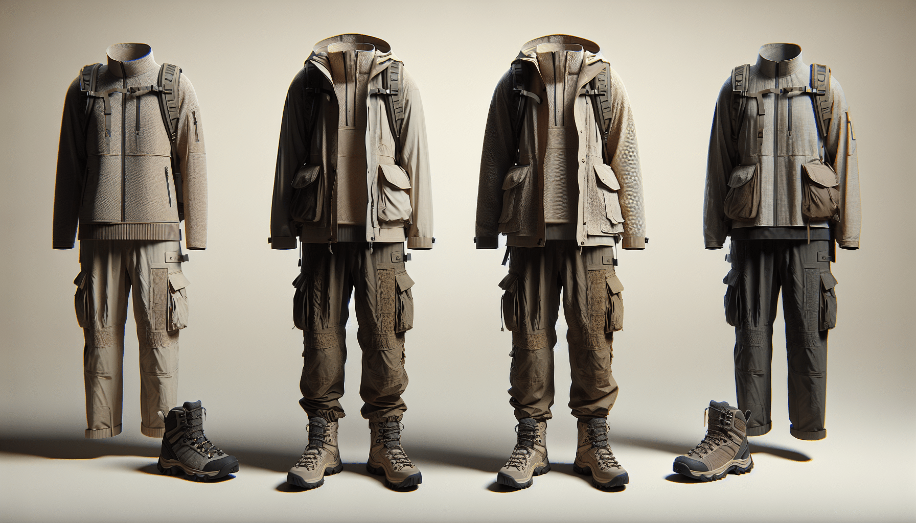 Generate a hyper-realistic image depicting two sets of anonymous outdoor gear for women on a neutral background. The first set is fashioned in light, airy colors hinting at utility and simplicity. It includes a jacket, pants, and hiking boots. The second set is designed in darker, earthy shades suggesting adaptability and robustness. It contains a hooded jacket, cargo pants, and sturdy boots. Both sets are devoid of people and brand logos. They exude quality and are clearly made for outdoor adventures, reflecting the kind of gear that would be covered in a comprehensive review.
