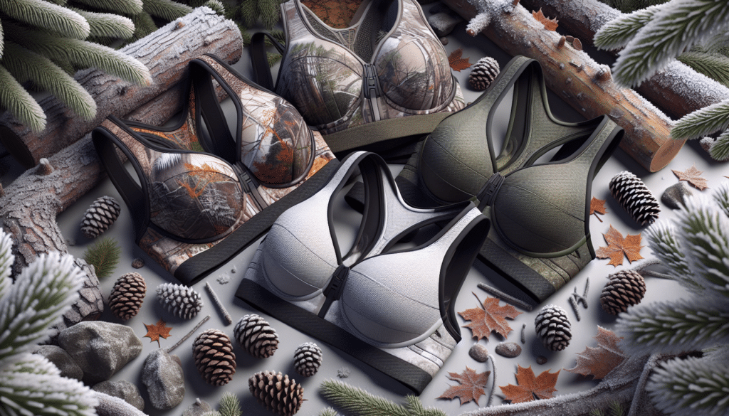 A hyper-realistic image displaying a selection of sports bras designed for cold weather hunting. These bras are designed with practical materials such as thermal fabric and camouflage prints, helpful in outdoor environments. The bras lay on a background reminiscent of a winter woodland setting: frost-tipped leaves and pine cones scattered around. The bras themselves are devoid of any text, logos or brand names, emphasising their functional features such as insulation and support instead. Lastly, no humans or animals are included in the scene, allowing full focus on the products.