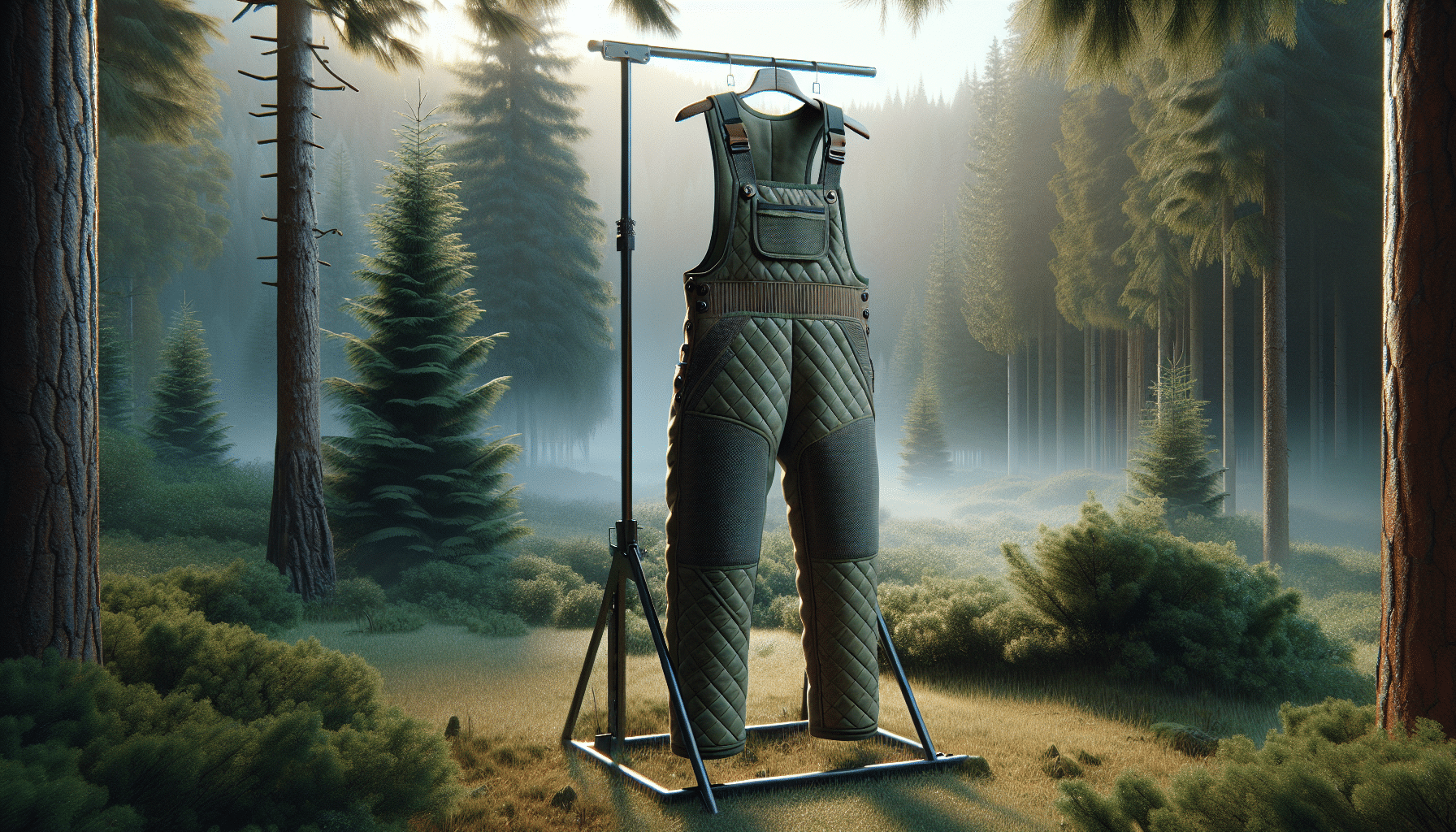 A hyper-realistic image of a pair of insulated hunting bibs, specifically designed for women. The bibs are displayed through a prop stand amidst a serene forest setting embellished with pine trees and gentle morning mist. The fabric of the bibs appears both rugged for durability and insulated for warmth, with noticeable stitch details signaling quality craftsmanship. No person is present, and no brand logos or text are visible on the bibs. The image is so lifelike that one can almost feel the chill of the early morning hunt and hear the distant rustling of forest life.
