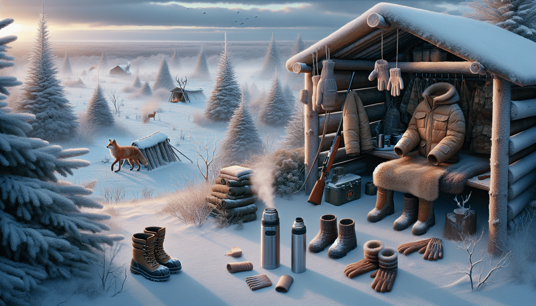 An incredibly detailed and realistic image demonstrating how one could stay warm while hunting if they were pregnant. Observe an empty rural landscape, covered in snowy terrain. There is a cozy hunting shelter tucked between evergreen trees, subtly showing smoke wafting from a small chimney. Foreground shows insulated hunting gear placed strategically next to a thermos filled with a hot drink, along with high-quality thermal boots and gloves. Scattered around are abstract symbols like hand warmers and insulated blankets. It's a cold winter's day with a gentle snowfall, and the soft sunlight contributes to the warmth of the scene.