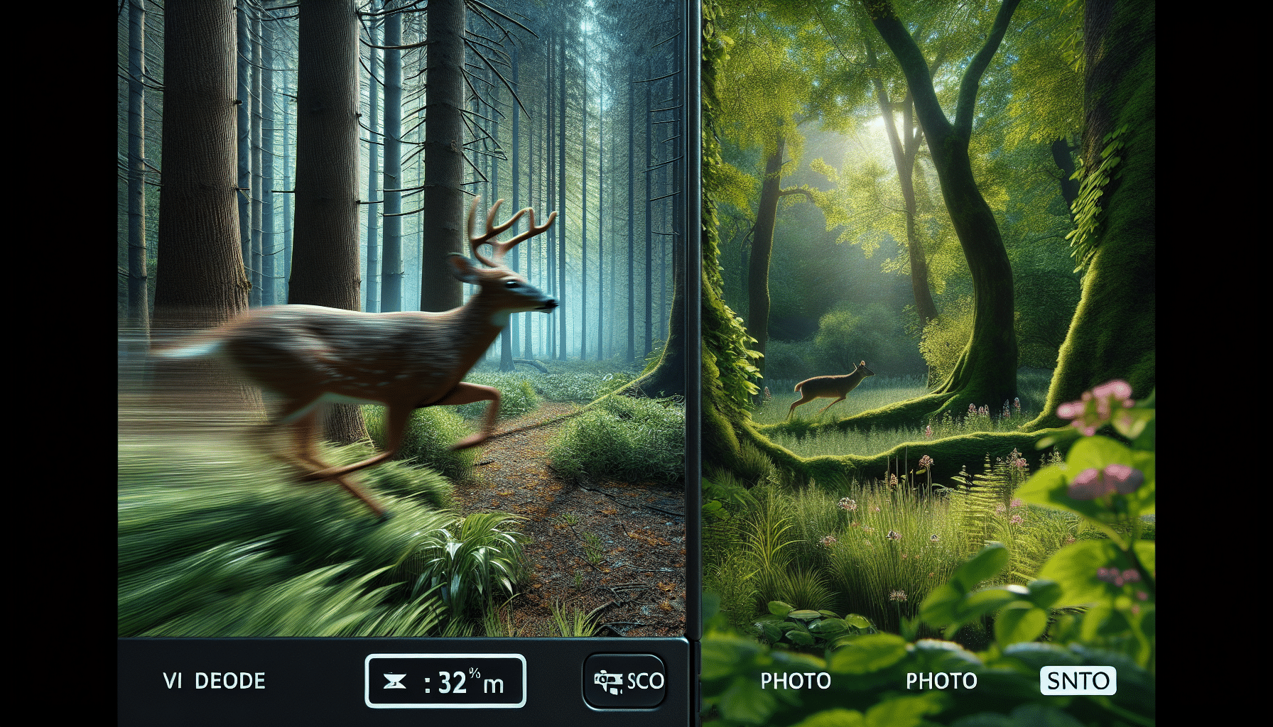 A hyper-realistic image split into two sections, like a side-by-side comparison. One side shows a perspective from a trail camera video mode, with a dynamic scene of a deer darting through the lush forest, the movement creating a blur in the image. The other side showcases photo mode, offering a crisp and frozen moment in time: a deer peacefully grazing in the woods, the image capturing every detail of the scene from the deer's fur texture to the dappled sunlight on the foliage. Both sides not containing any brand insignias or human figures.