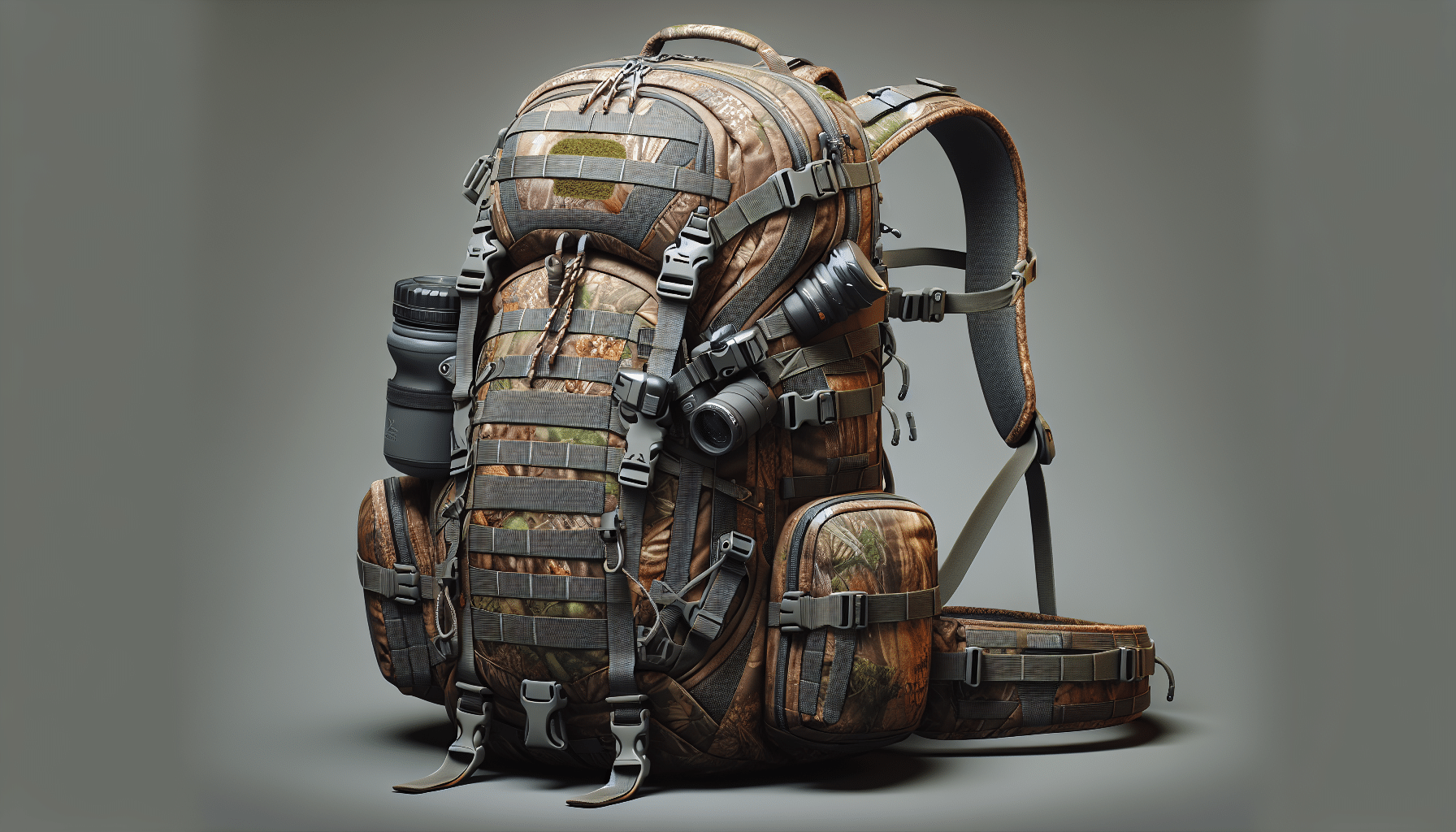 Create a hyper-realistic image of a top-quality hunting pack specifically designed for women. The backpack should be medium-sized and ergonomic in design, with adjustable straps suitable for various body types. Integrated is a hydration system, pockets for small accessories, a compartment that can fit larger equipments like binoculars or a hunting camera, and loops for attaching gear externally. The pack has a camouflage pattern used typically for hunting in forest areas. Absence of any brand logos or text on the pack or within the image. Additionally, ensure there are no individuals present in the picture.
