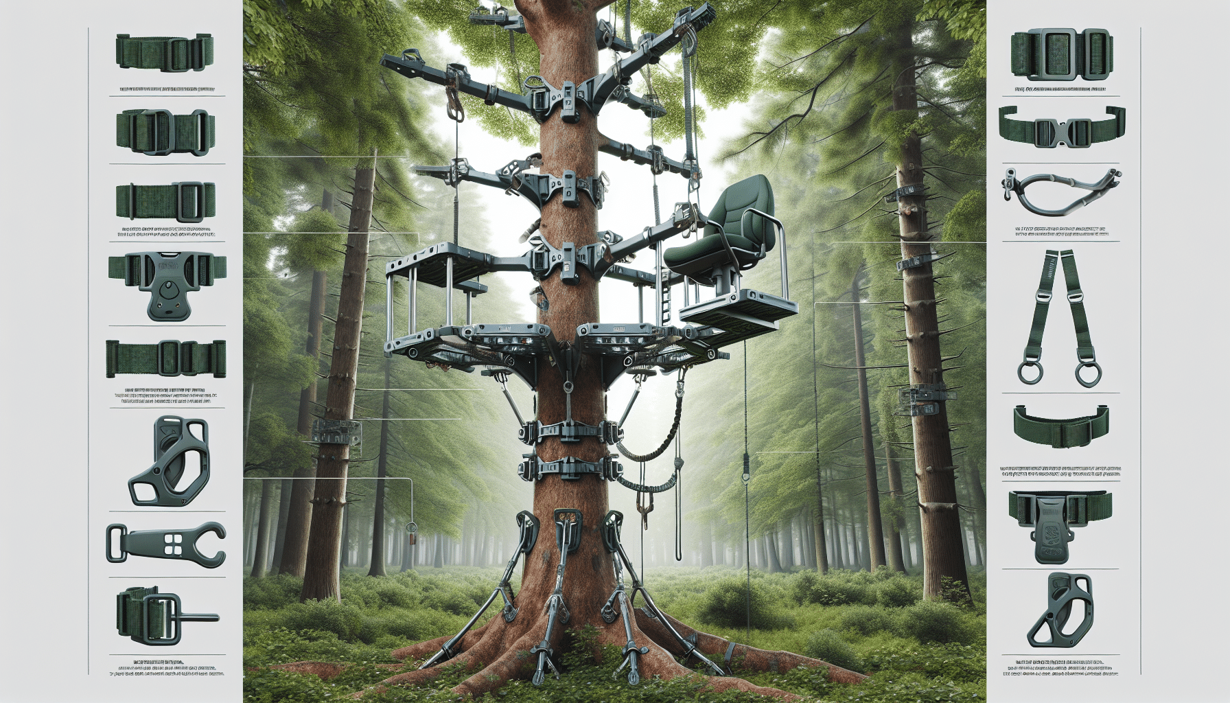 An in-depth hyper realistic representation of a tree stand typically used in climbing, designed specifically for women. Set in a lush green forest. The center of the image showcases the tree stand affixed to a strong, towering tree with sturdy branches. The stand is complete with all necessary safety features such as safety harnesses, sturdy hand and foot grips, and a comfortable seat. The scene also highlights various elements indicating its weight limit like reinforced brackets and heavy-duty cables. No people, text, brand names or logos are included.