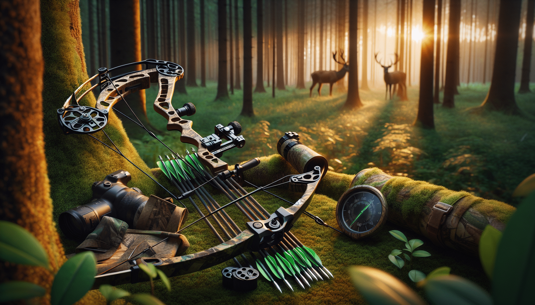 Hyper-realistic image of hunting equipment carefully arranged on a background of lush green forest undergrowth. The centerpiece is a beautifully crafted, sleek bow with the string pulled back, suggesting optimal bow draw weight. On the forest floor around the bow are arrows with sharp metal tips, a deer tracking device, and camouflage gear. To evoke the theme of deer hunting, a subtle trace of a deer is featured deep in the forest, visible through a gap in the trees. The setting sun provides a warm orange glow which enhances the rustic appeal of the scene.