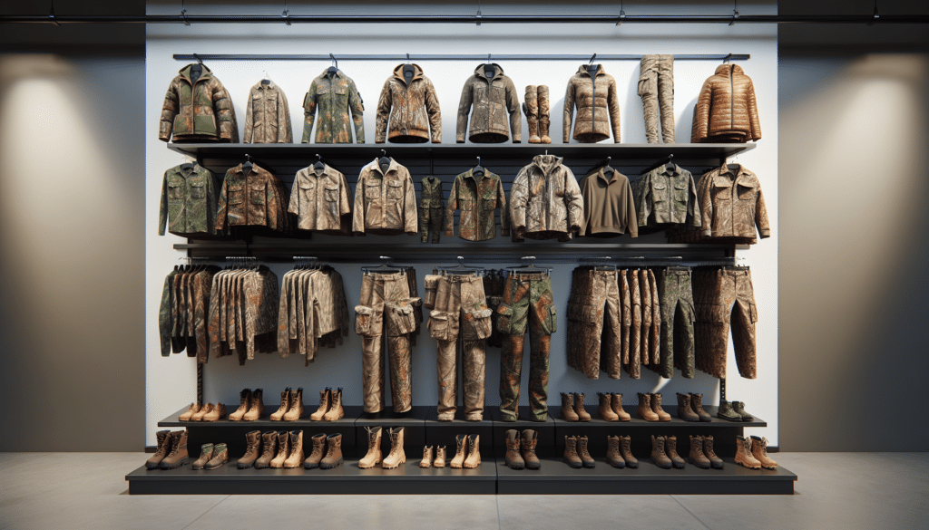 A realistic image depicting a well-organized variety of petite-sized hunting clothing items on display. These items include camouflaged jackets, pants, boots, and hats arranged meticulously within a nondescript retail environment. The entire scene denotes a high level of realism with focuses on the texture of the fabrics, the different patterns of camouflage, and the subtle shadows. Note that there isn't any person present in this scene, and there's no appearance of text or brand logos on any of the displayed items.
