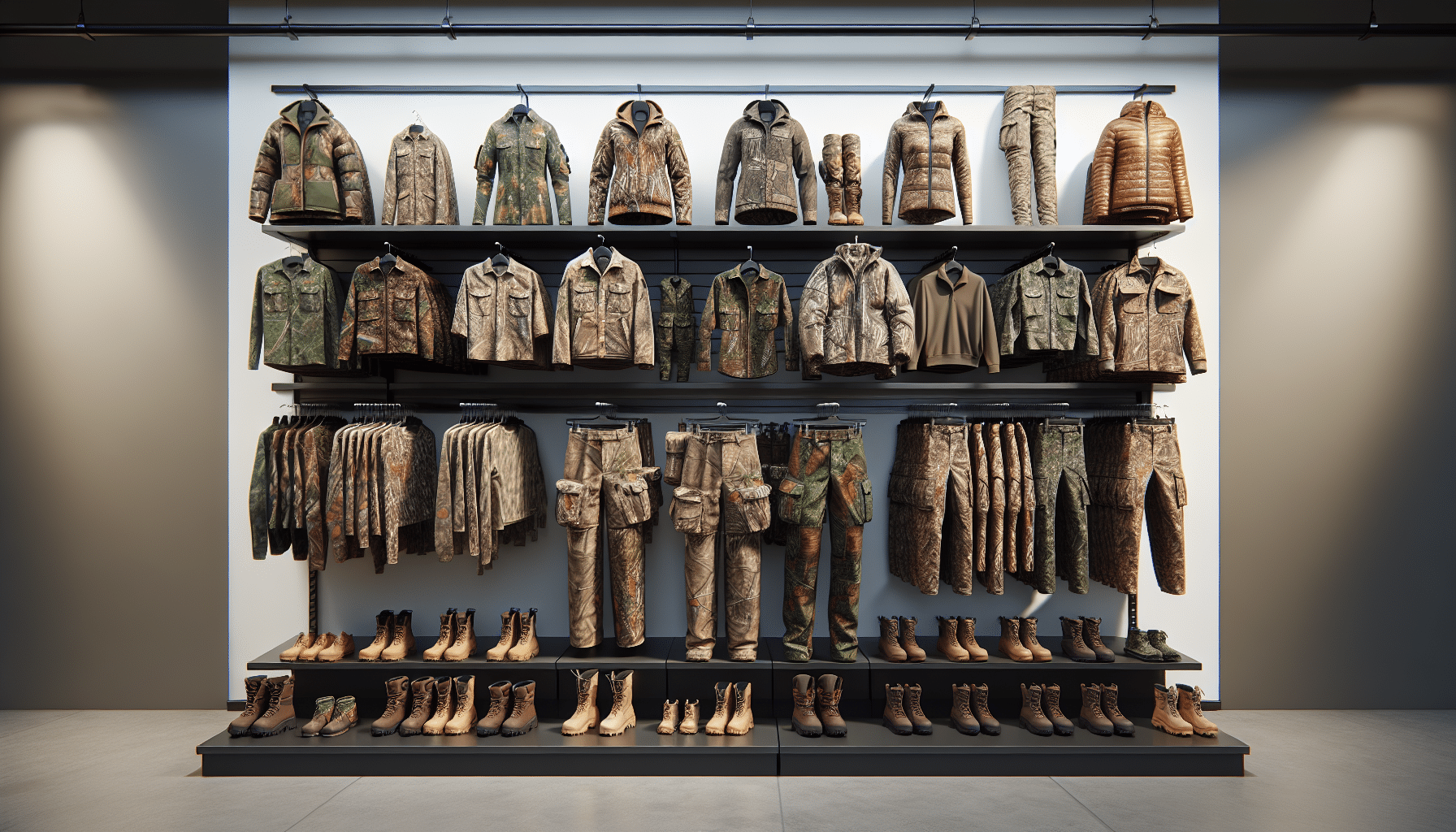 A realistic image depicting a well-organized variety of petite-sized hunting clothing items on display. These items include camouflaged jackets, pants, boots, and hats arranged meticulously within a nondescript retail environment. The entire scene denotes a high level of realism with focuses on the texture of the fabrics, the different patterns of camouflage, and the subtle shadows. Note that there isn't any person present in this scene, and there's no appearance of text or brand logos on any of the displayed items.
