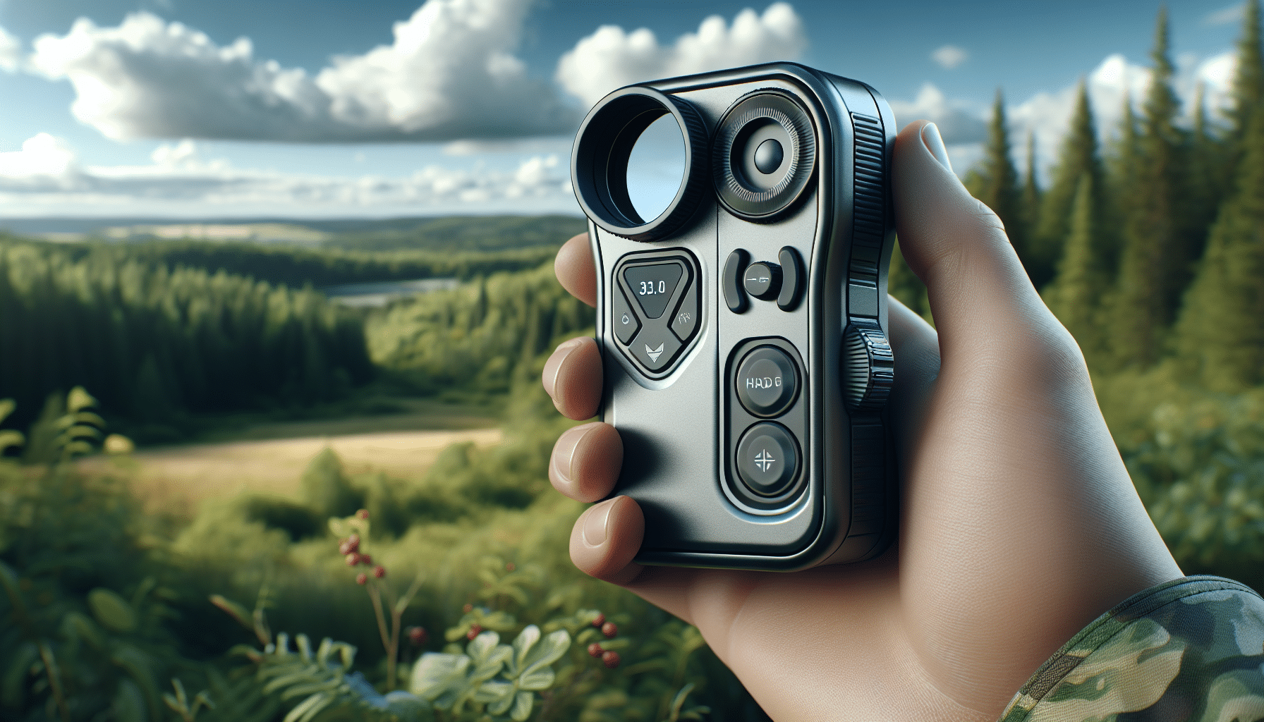 A hyper-realistic image of a compact rangefinder perfect for smaller hands. The rangefinder is stylishly made, with a robust and ergonomic design perfect for efficient handling and operation. The device is positioned against a backdrop of outdoor scenery of verdant woodland and blue skies, suggesting its use in outdoor activities such as hunting or bird watching. The sleek buttons and adjustment dials on the exterior seem fine-tuned for ease of use and precision. There are no people in the scene, no brand names or logos on the rangefinder, and no visible text anywhere in the image.