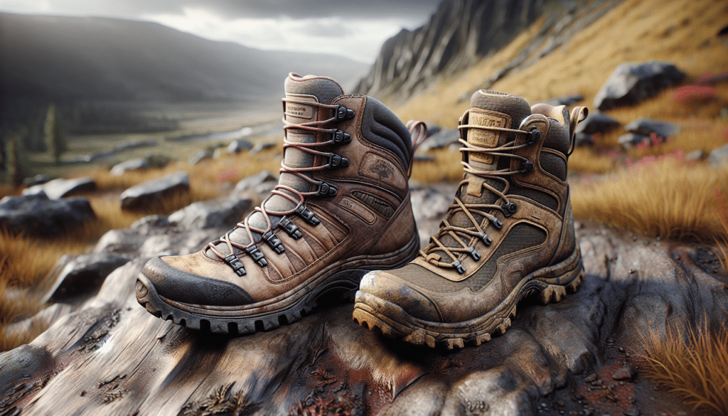 Render a hyper-realistic image showcasing two different types of hunting boots side by side on a rugged outdoor terrain. The boot on the left is a women's hunting boot: it presents a slim design, slightly lighter tread, and a more flexible sole. The boot on the right is a men's hunting boot: it flaunts a more bulky design, heavier tread, and a sturdier sole. Both boots are weathered to reflect practical usage. Remember, there's no text, brand names, or logos on any part of the boots or elsewhere in the image. There are no people featured in this image.