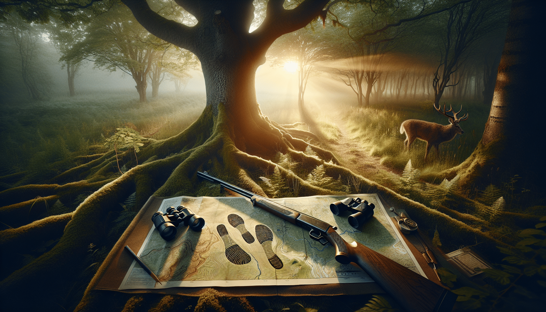 An exceptionally detailed and realistic illustration. The scene displays an untouched forest at dawn, the sunlight gently illuminating the undergrowth. In the center, a hunting rifle leans against a sturdy oak tree, nearby a pair of binoculars lay on top of a topographic map depicting the surrounding terrain. To suggest mentorship, trace two sets of footprints, one large and one smaller, intertwined, leading deeper into the forest. No brand names, text, or human figures should be present.