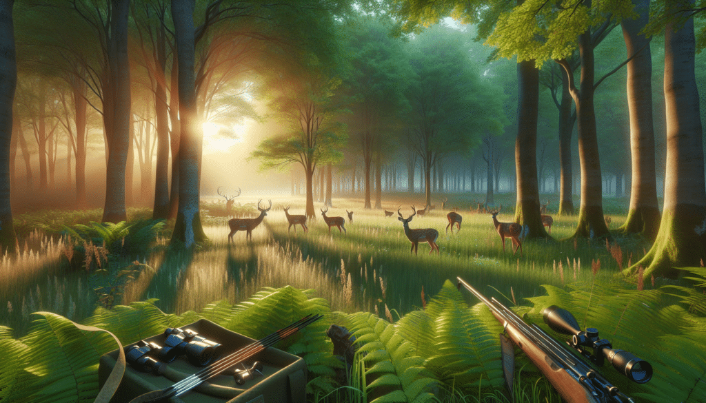 Imagine a stunning, hyper-realistic scene within one of the best states for women-only deer hunts. Picture a calm and serene early morning in a dense forest, illuminated by the soft rays of the sunrise. Tall, majestic trees stand guard on either side, their leaves painted with vibrant shades of green, creating a stunning contrast against the sky. Delicate morning dew glints on grass and leaves alike. In the clearing, there's an array of Deer, young and old, grazing peacefully without any humans within sight. Nearby, there's typical hunting equipment like a bow, arrow, and binoculars, carefully arranged but unattended, indicating human activity. There's no text, brand names, or any human representation in the scene.