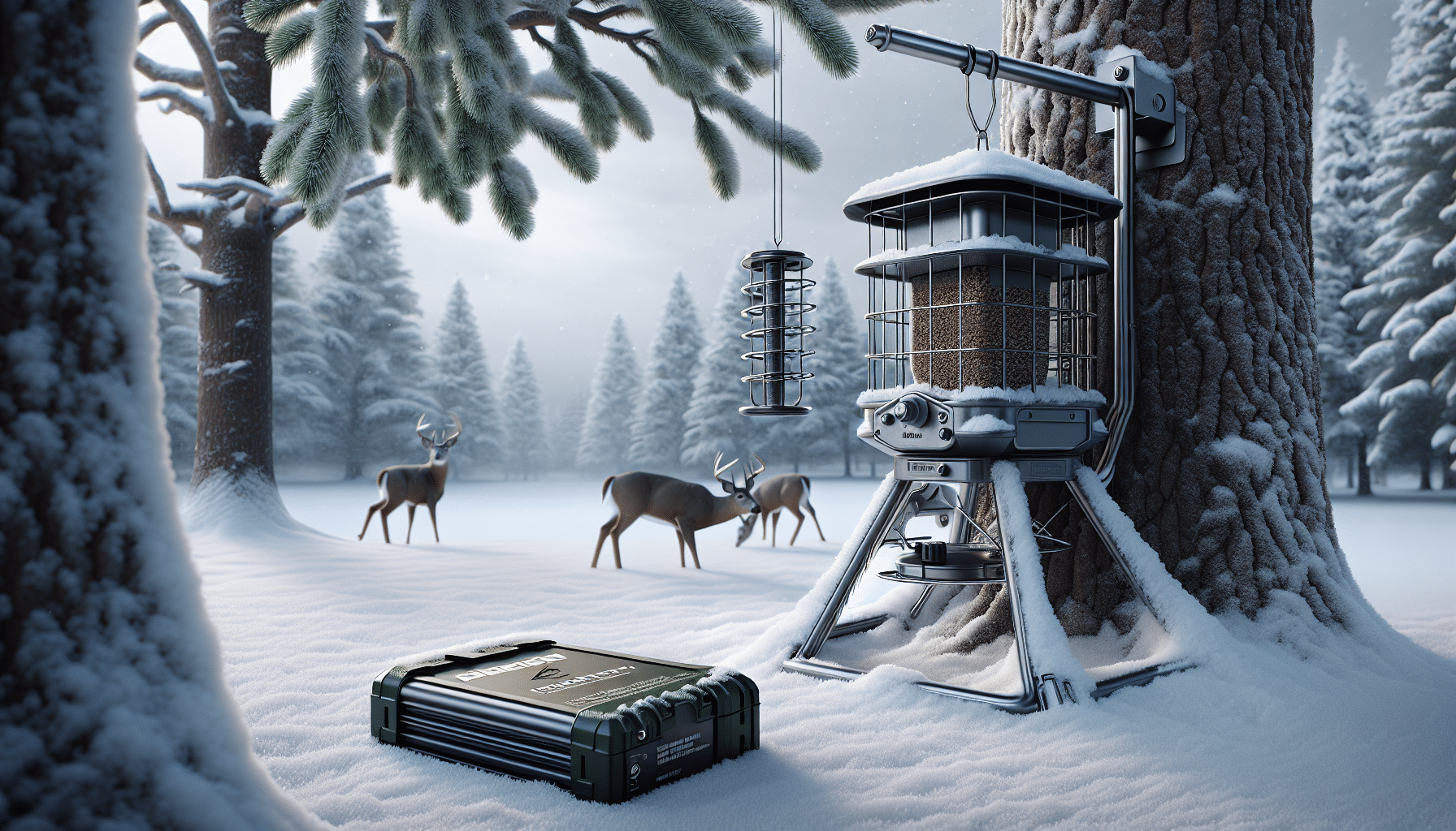 A meticulously detailed and hyper-realistic depiction of a deer feeder settled amidst a winter landscape. The feeder is ergonomically designed in a sturdy and robust fashion, having a sleek, effective design devoid of logos or brand names. On the ground beside it, lies a durable and long-lasting battery that powers the feeder. Crispy white snow blankets the ground and trees, while some deer cautiously approach the feeder in the background. Note that there are no people and no text or brand names present in this scene.